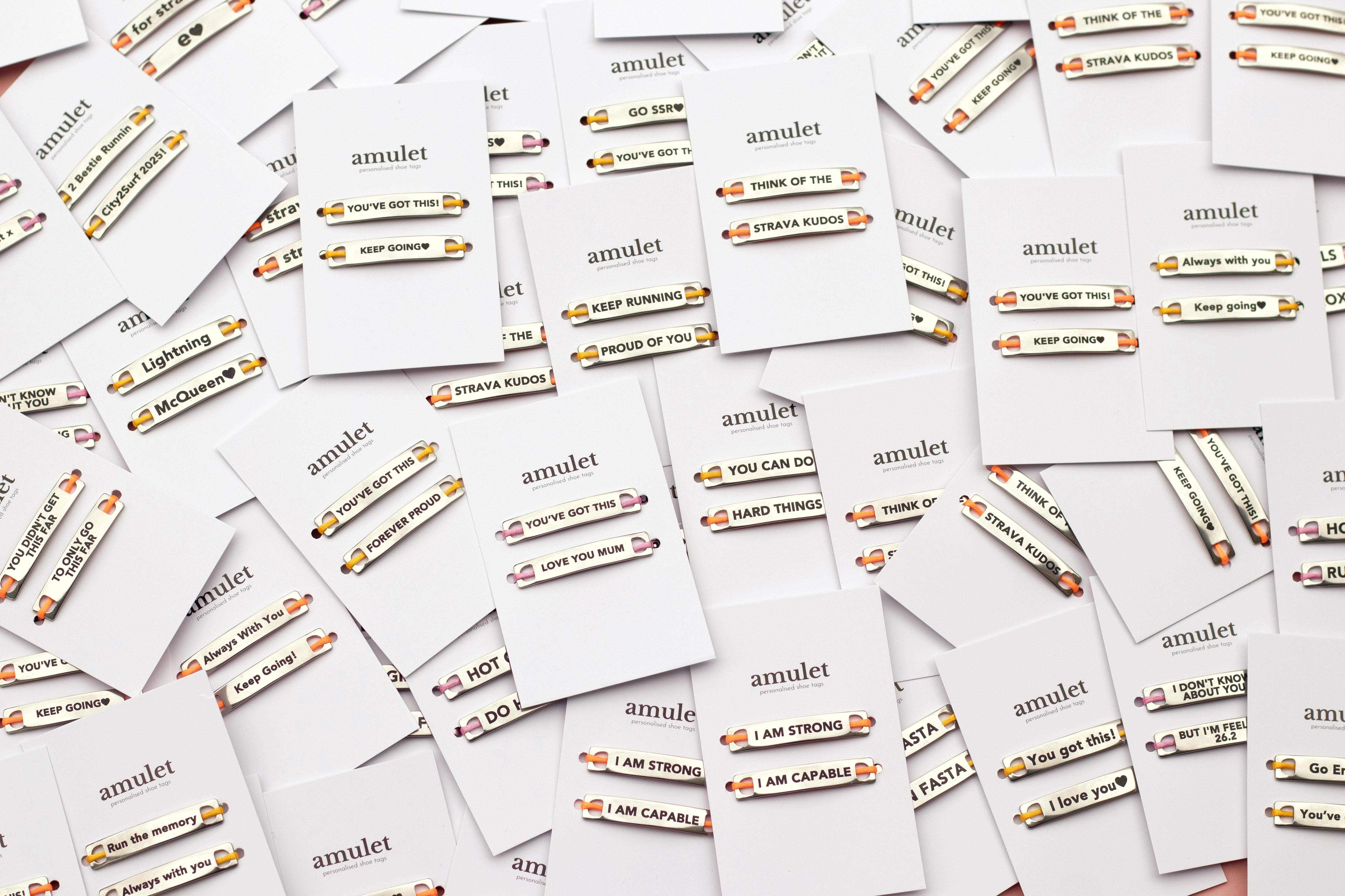 Personalised engraved shoe tags for runners, Ironman athletes, and triathletes custom metal lace tags with names, race dates, or motivational quotes; ideal good luck gift for marathoners, Ironman participants, joggers my amulet gift idea customised