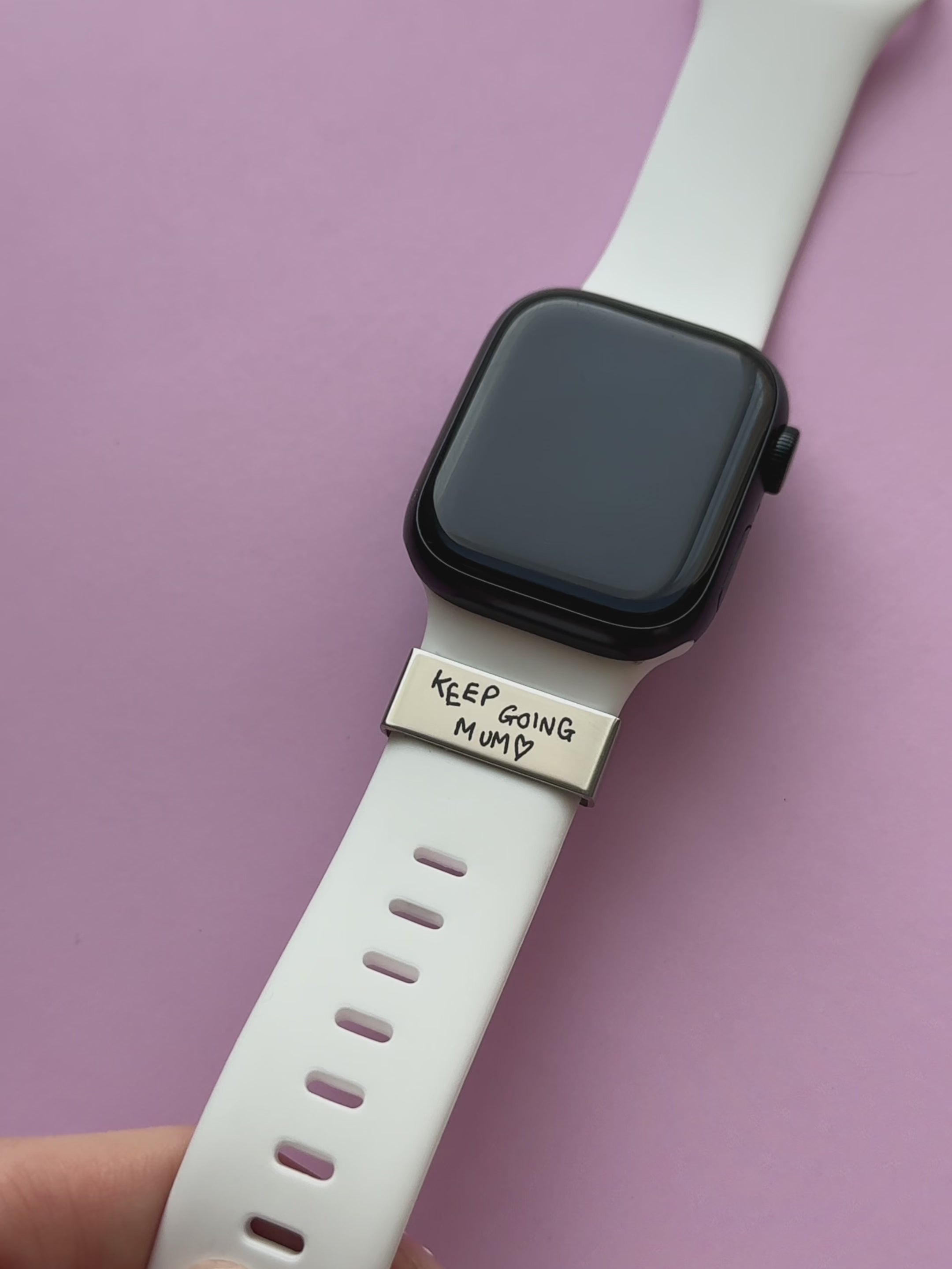 Load video: runner, running, marathon, half marathon, 5k, 10k, 13.1, 26.2, running charm, watch charm, smartwatch charm, fitness watch accessory, charm for runners, run charm, gift for runner, runner gift, gifts for her, running gift, marathon gift, personalised charm, engraved charm, custom running charm, running inspiration, motivation charm, motivational quote, strong women, athlete charm, sports charm, running jewellery, sports watch charm, fitness charm, handwriting, personalised gift, handwritten, silver, gold